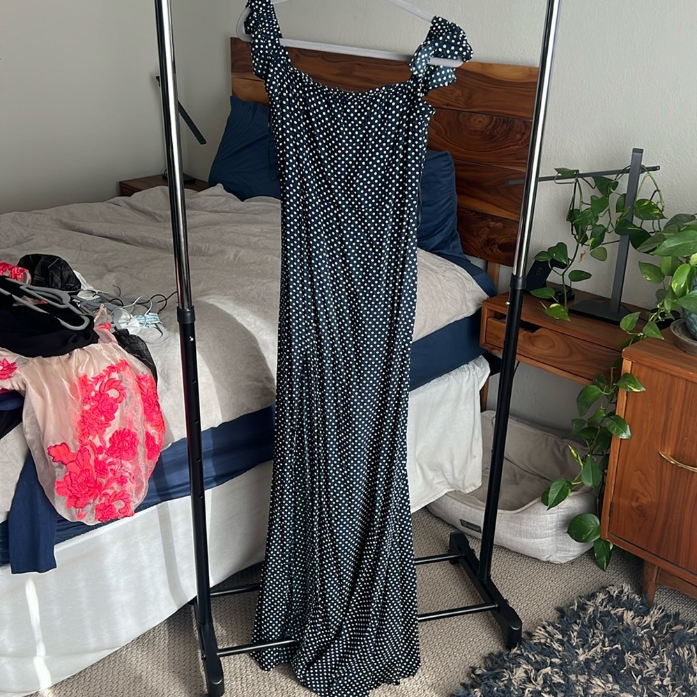 Lulus Navy Blue Polka Dot Off The Shoulder Maxi Dress
